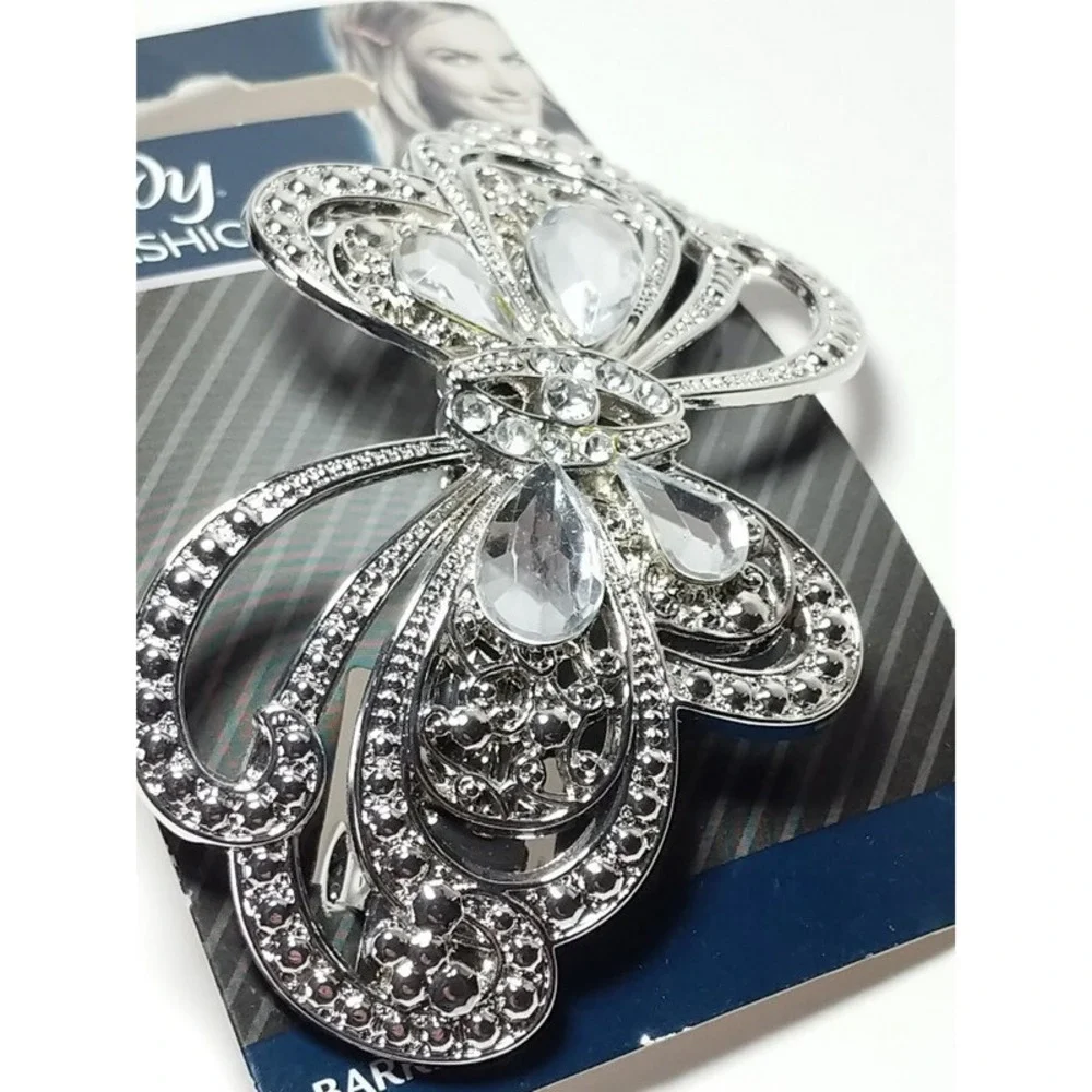 Goody Hair Barrette Fashionow Metal Butterfly Clip Faux Diamonds Gems Silver